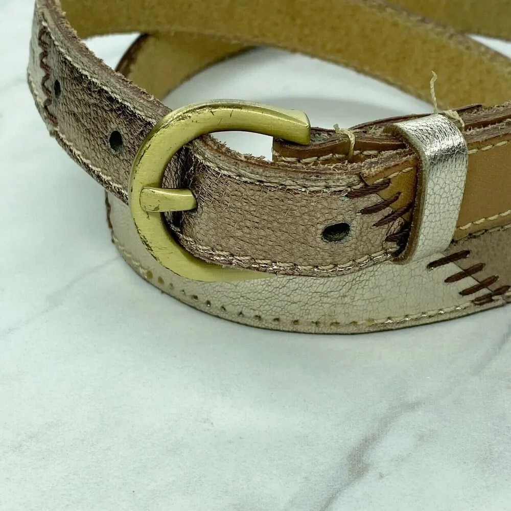 Chico's Metallic Patchwork Genuine Leather Skinny Belt Gold Buckle Small (S) ✨